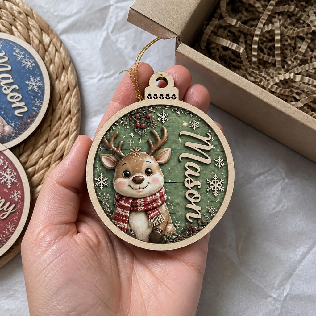 Personalized reindeer wooden ornament with scarf and custom name held over gift box