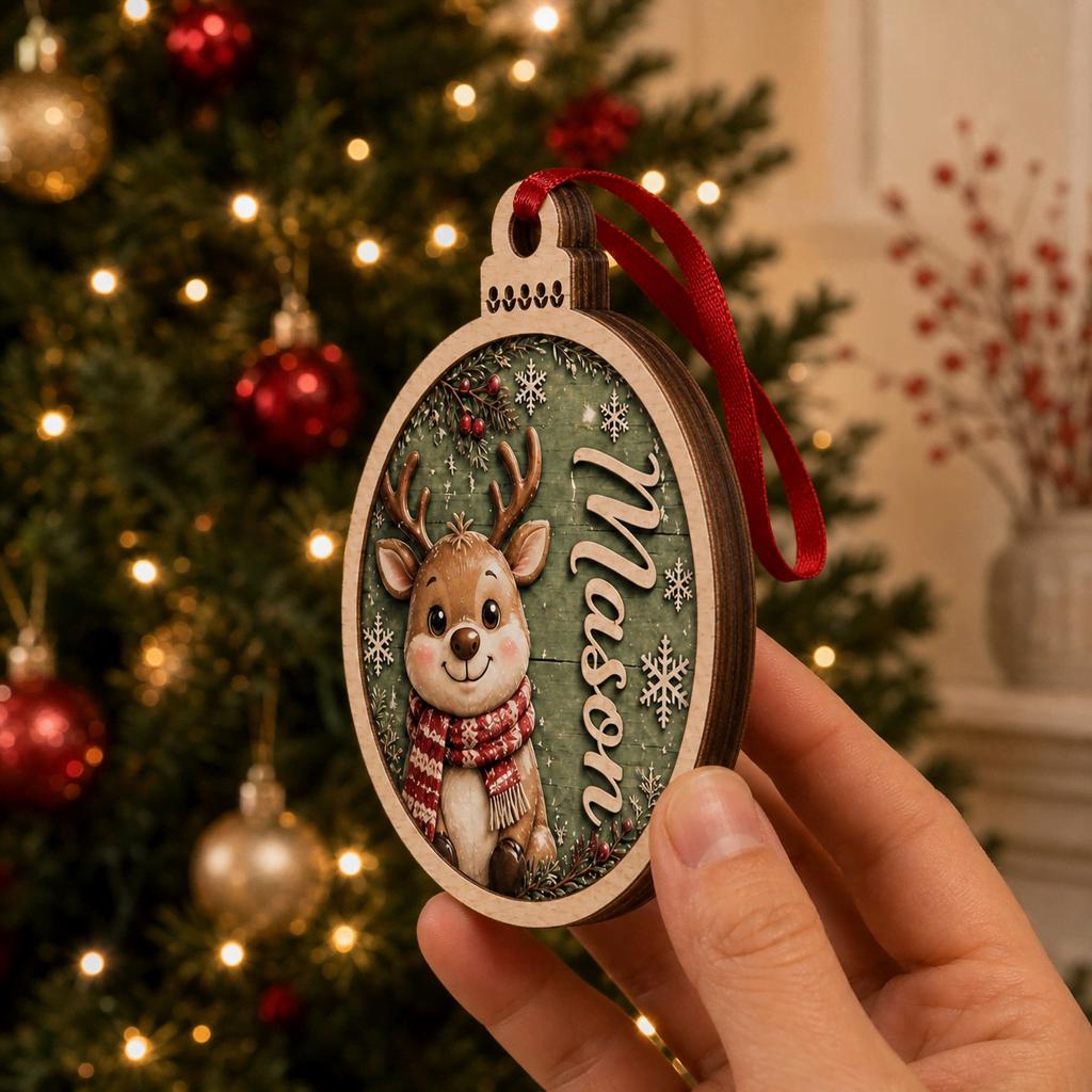 Personalized reindeer wooden ornament with red ribbon shown at an angle near tree