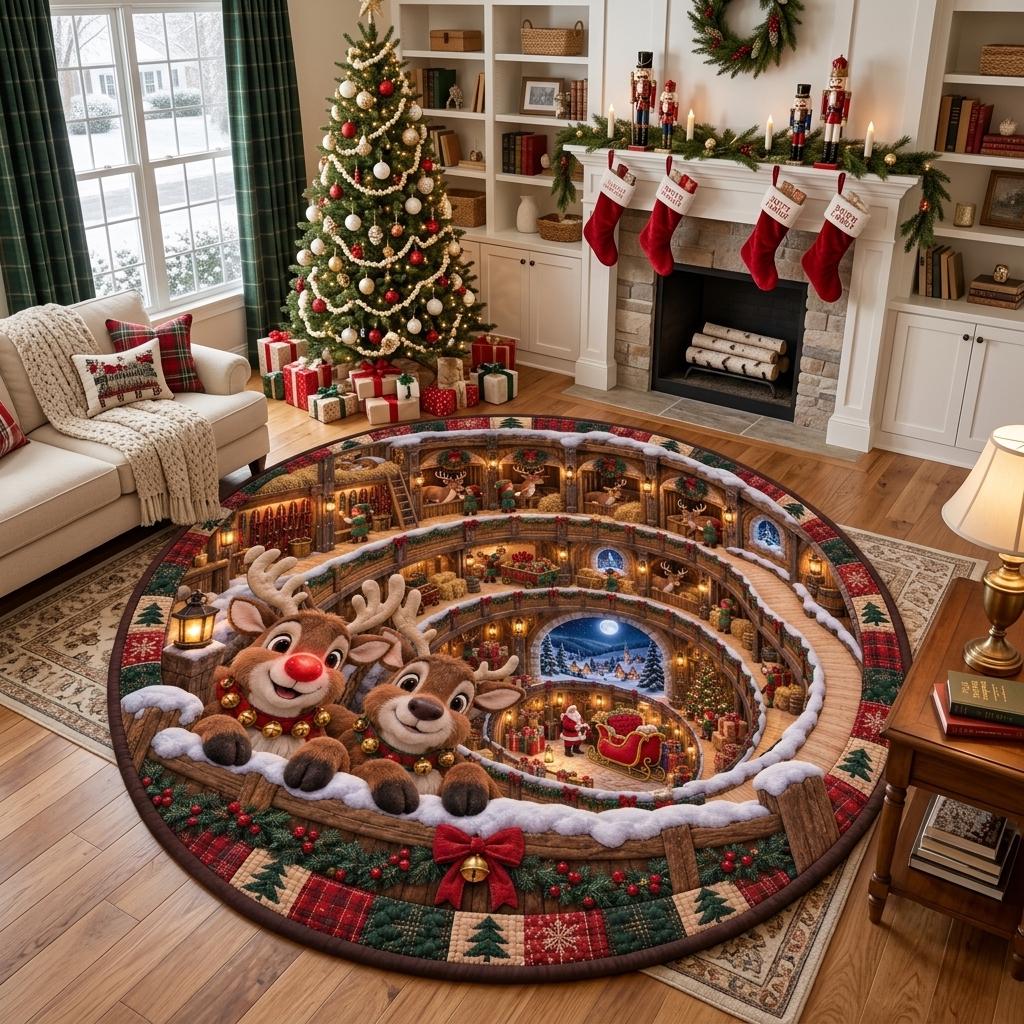Reindeer stable Christmas rug in a white living room with stockings on the mantel and a decorated tree