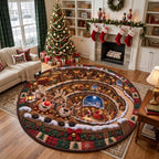 Reindeer stable Christmas rug in a white living room with stockings on the mantel and a decorated tree