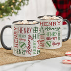 Black handle Christmas mugs printed with the name Henry repeated with holiday icons