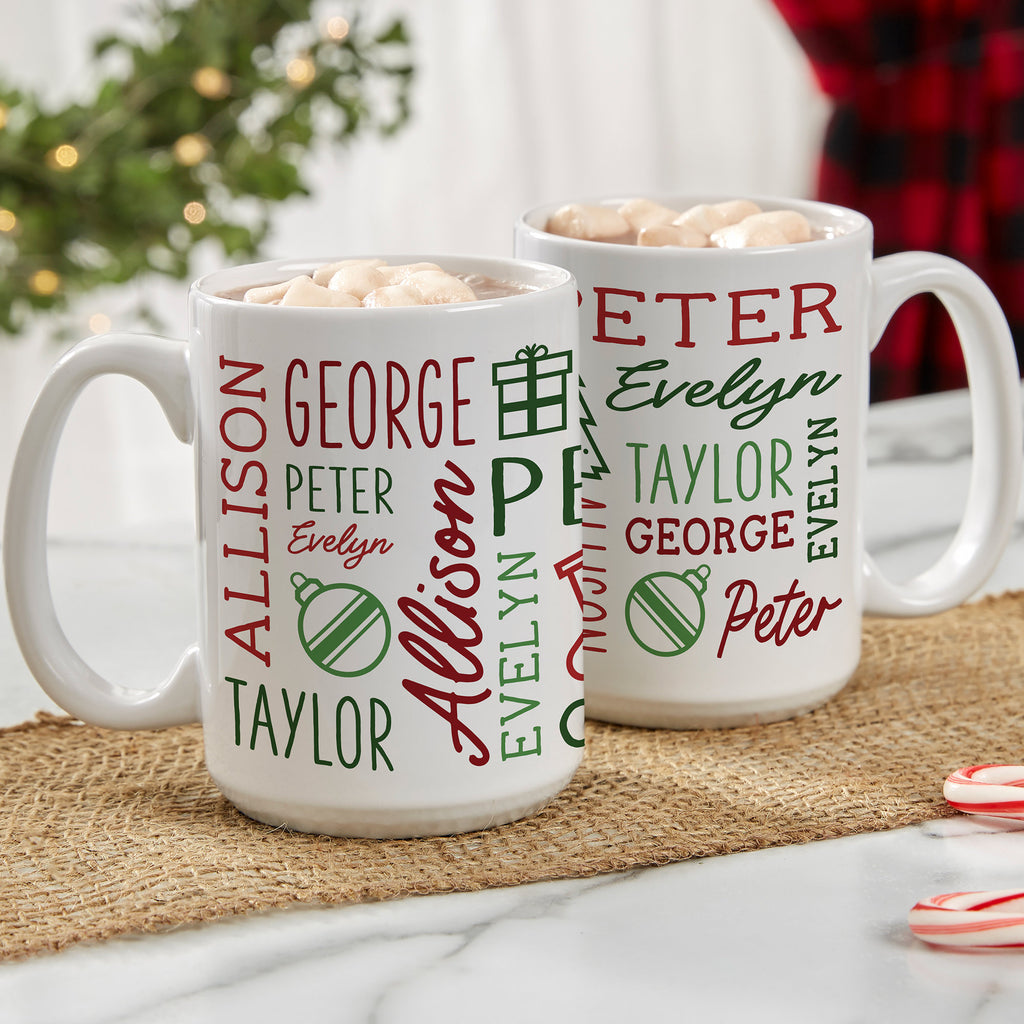 White Christmas mugs printed with several names in mixed red and green fonts