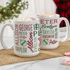 White Christmas mugs printed with several names in mixed red and green fonts