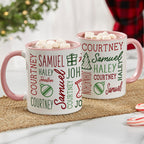 Pink handle Christmas mugs printed with several family names in red and green