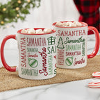 Red handle Christmas mugs printed with the name Samantha repeated with holiday icons