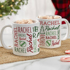Two white Christmas mugs printed with the name Rachel repeated in red and green fonts