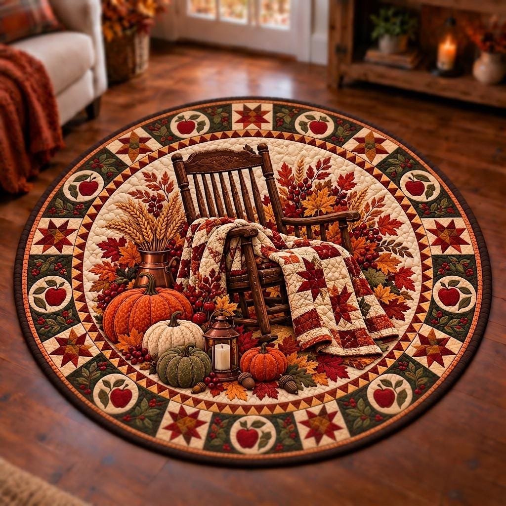 Top view of the rocking chair, star quilt, pumpkins and lantern design with an apple and star border