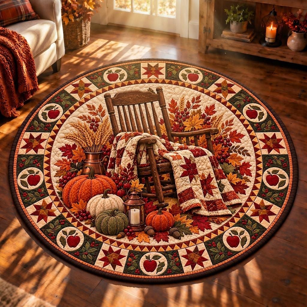 Autumn rocking chair quilted rug with pumpkins and an apple border in warm sunlight and window shadows