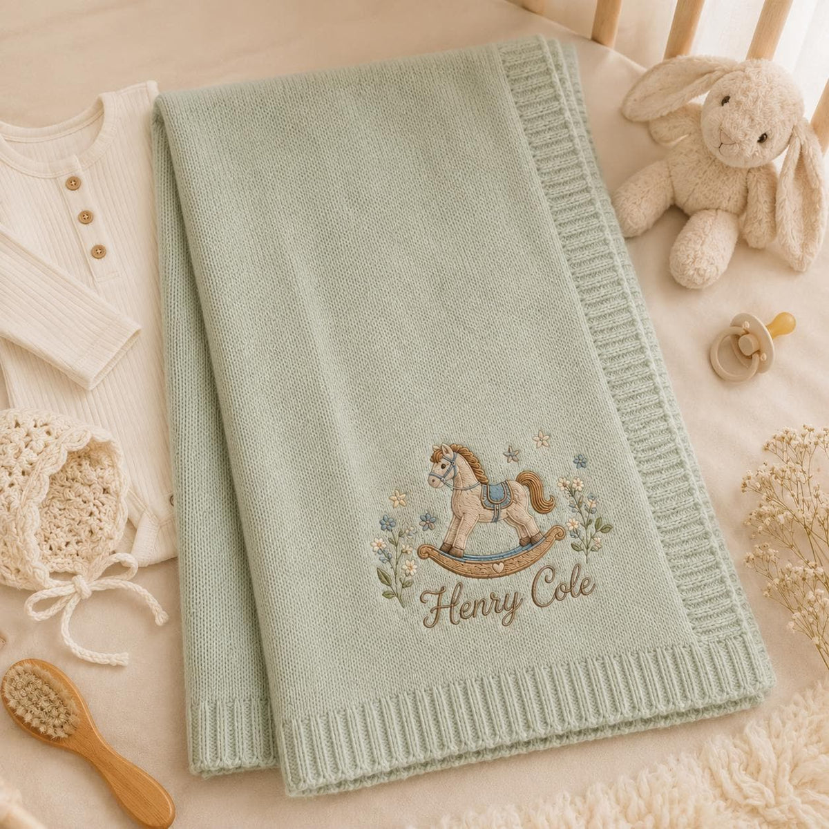Folded green knit blanket with a rocking horse and name embroidery beside a plush bunny, brush and bonnet