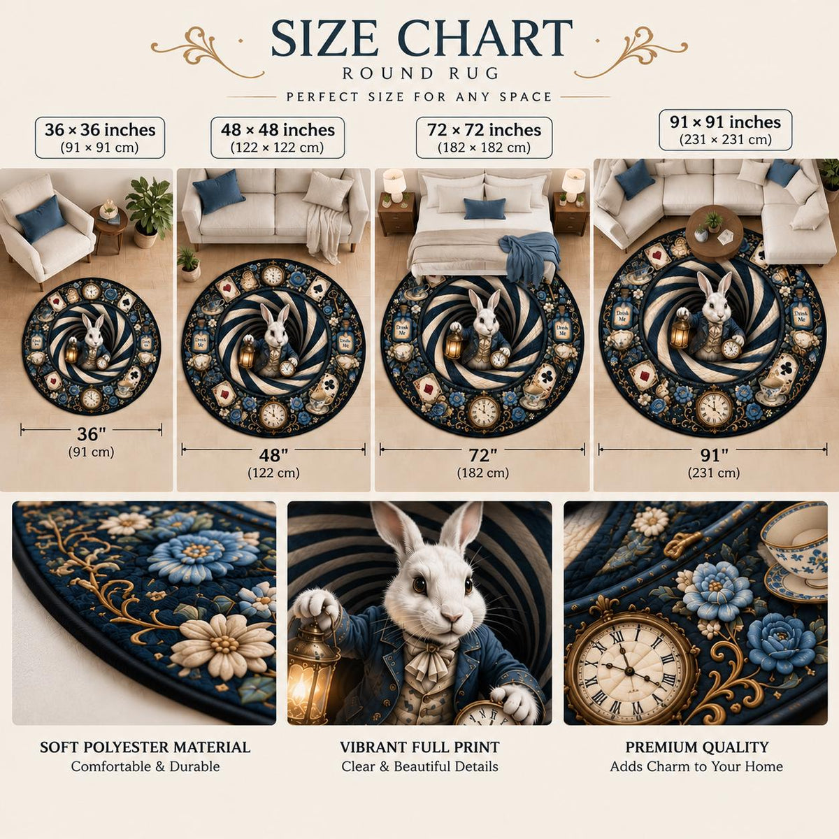 Round rug size guide with 36, 48, 72 and 91 inch options