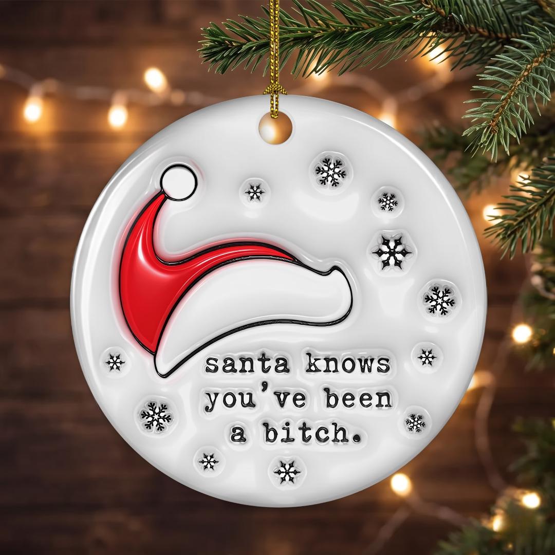 Rude humor Santa hat ornament with warm string lights