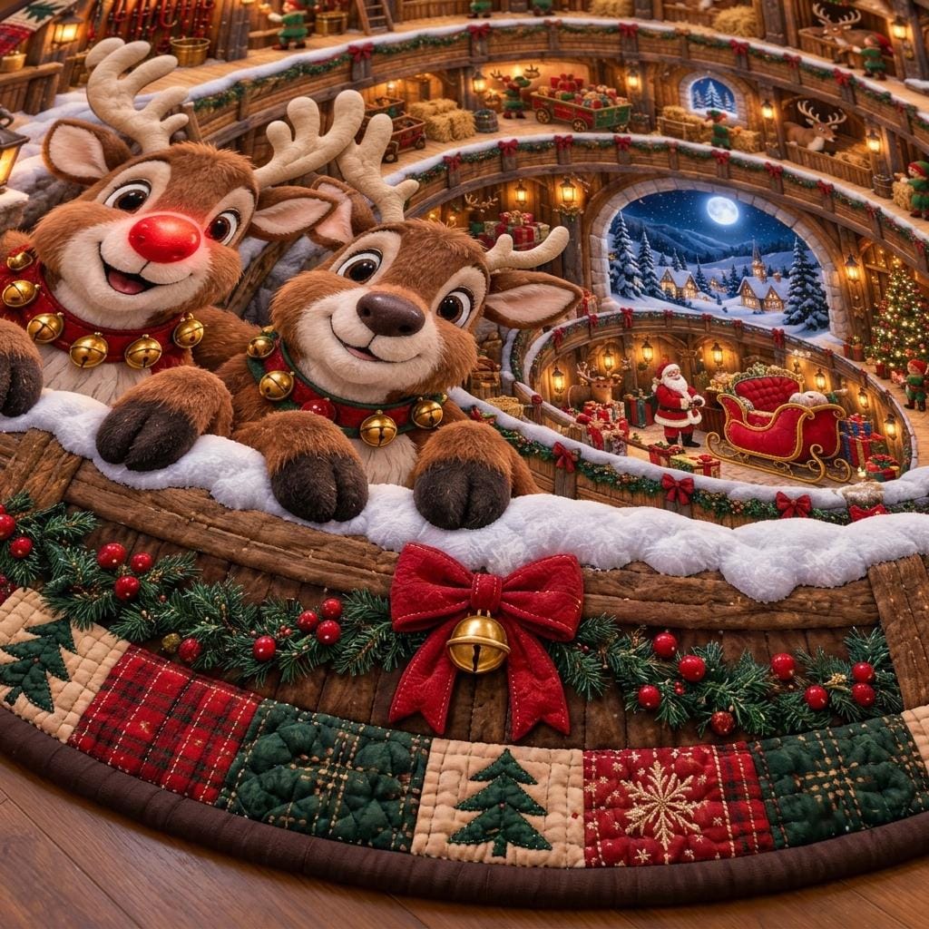 Close-up of two plush reindeer, a red bow with a bell and Santa's sleigh on the quilted Christmas rug