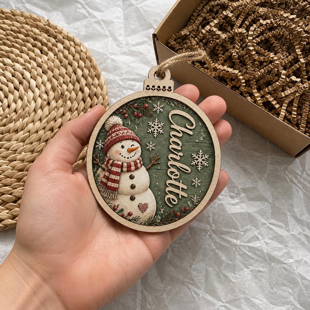 Personalized snowman name ornament held over a gift box with crinkle paper