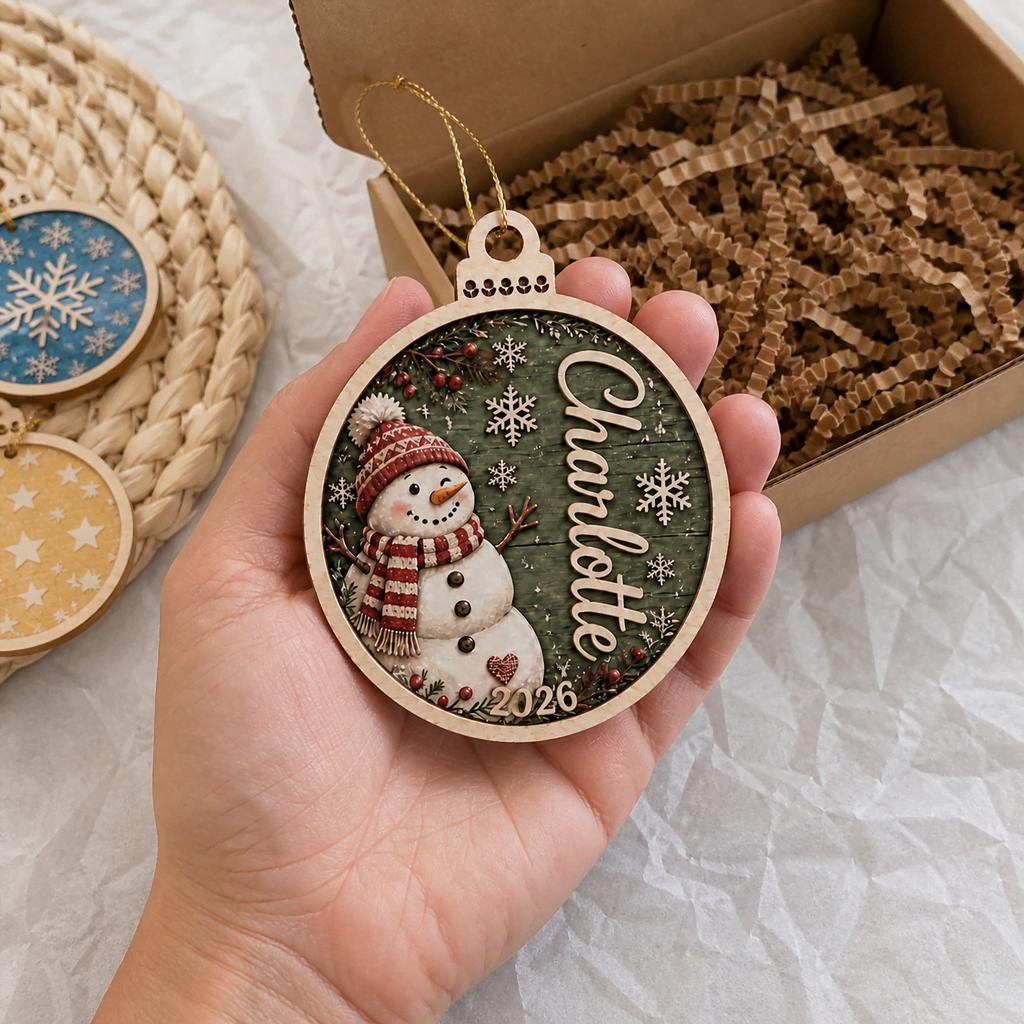 Personalized rustic snowman ornament held in hand beside a gift box