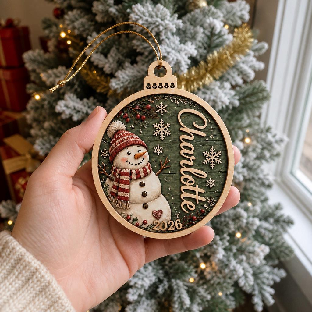 Hand holding a rustic snowman round wooden ornament with name and year