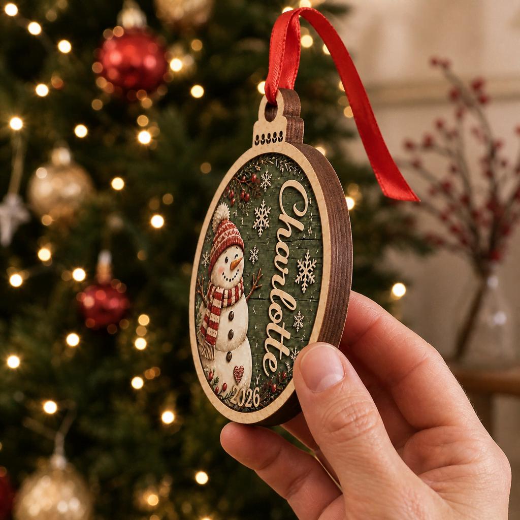 Side view of a layered round snowman wooden ornament with red ribbon