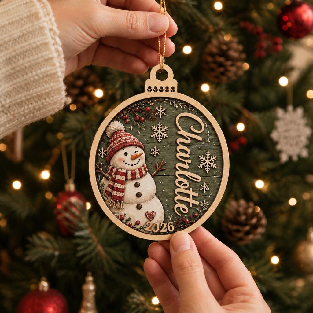 Personalized round snowman ornament with vertical name Charlotte and year on tree