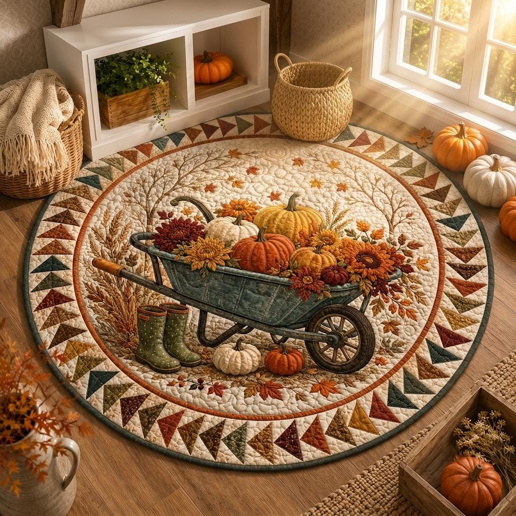Round wheelbarrow rug with pumpkins, sunflowers and green rain boots in warm sunlight by a window
