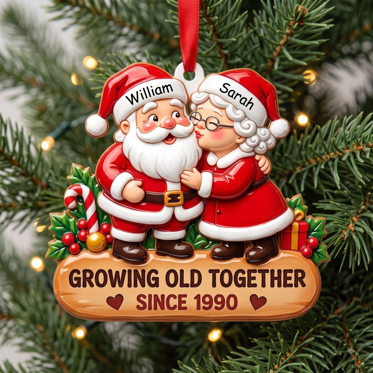 Santa couple Christmas ornament personalized with William and Sarah on their hats