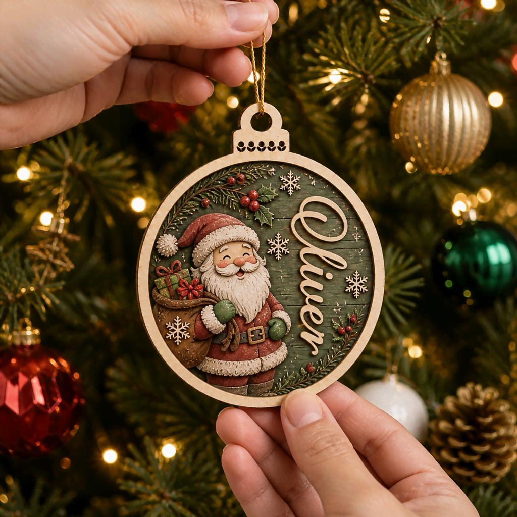Personalized Santa with gift sack round wooden ornament with name by Christmas tree