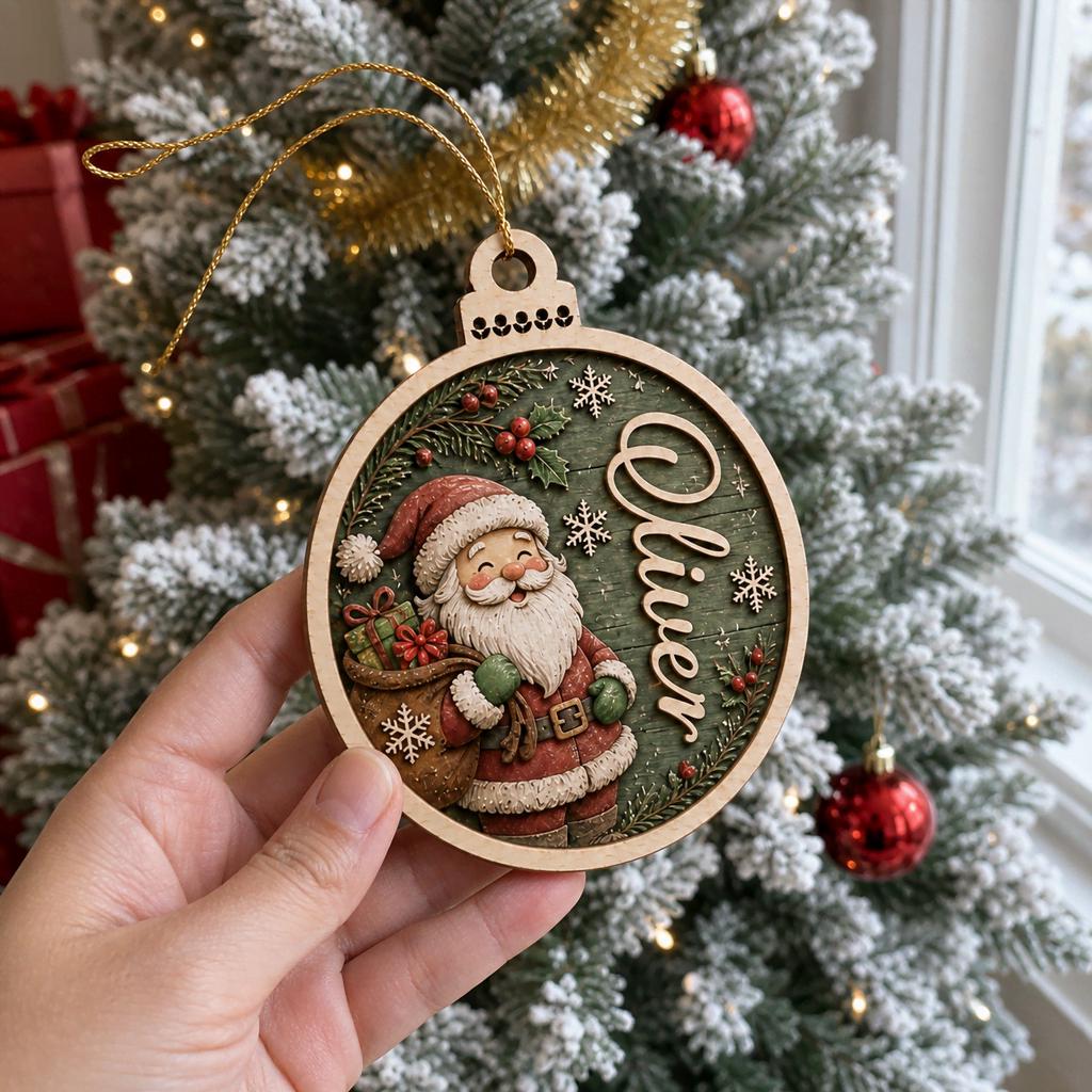 Personalized Santa round wooden ornament held in front of frosted Christmas tree