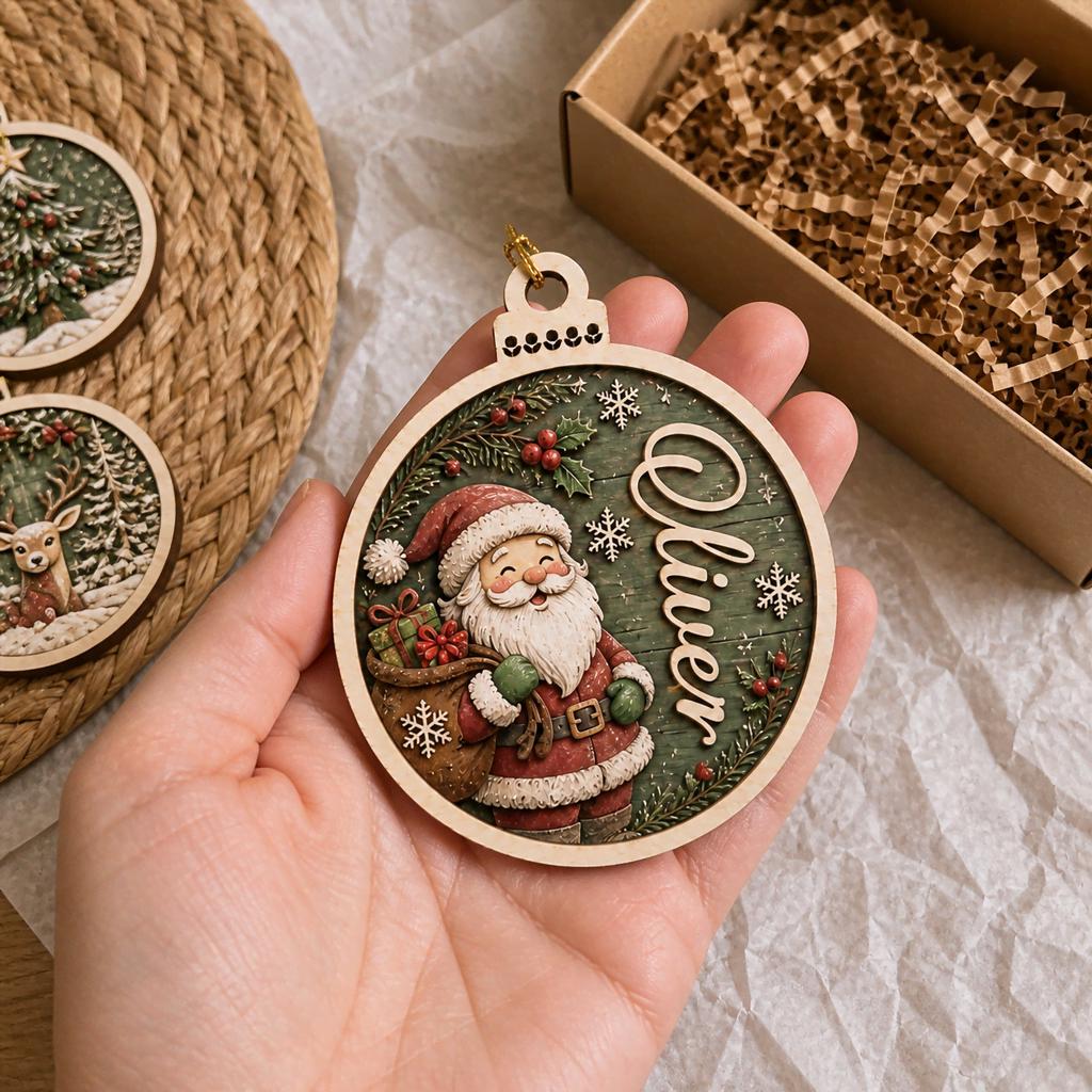 Hand holding personalized Santa gift sack wooden ornament with custom name over gift box