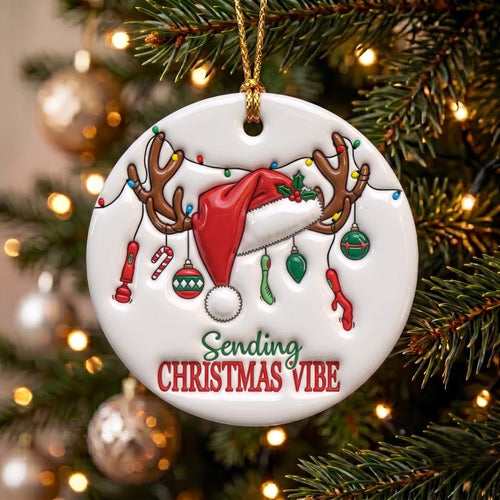 Funny Sending Christmas Vibe 3D ceramic ornament with a Santa hat on reindeer antlers