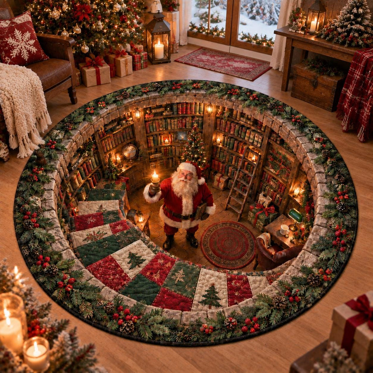 Santa Christmas library round rug on a wood floor beside a decorated tree and wrapped gifts