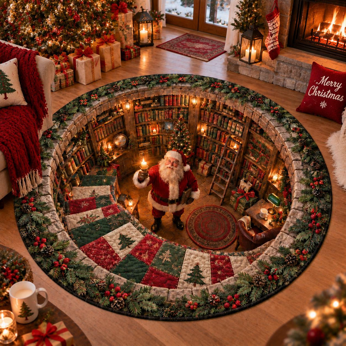 Round Santa library rug in front of a fireplace with a Merry Christmas pillow and plaid throw