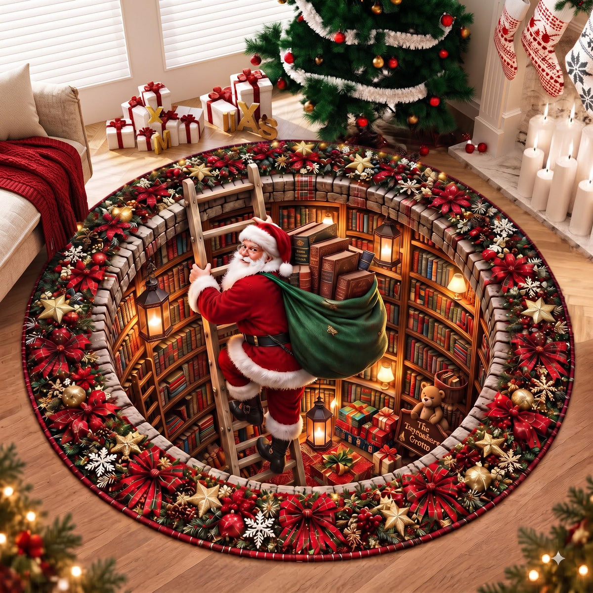 Santa library round rug by a Christmas tree, candles and gifts