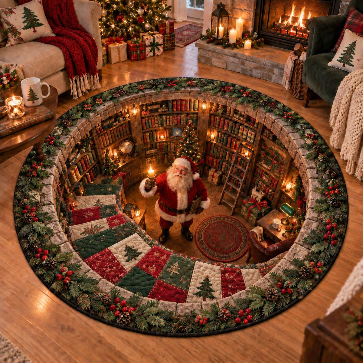 Santa library Christmas rug with holly rim and red and green patchwork border in a cozy room