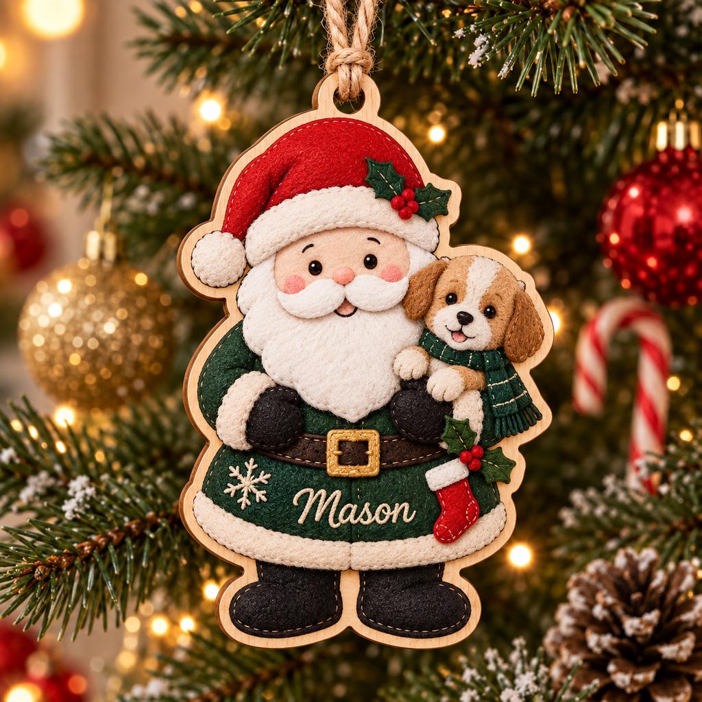 Personalized Santa and puppy wooden ornament with custom name hanging on a Christmas tree