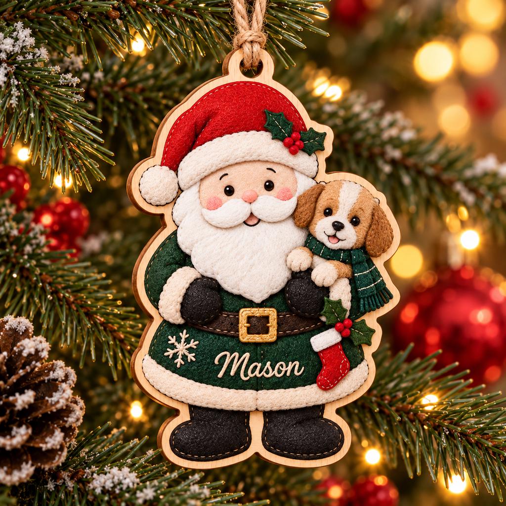 Close-up of a Santa holding a puppy wooden ornament with name Mason on a tree