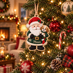 Santa with puppy custom name wooden ornament on a tree in a cozy room