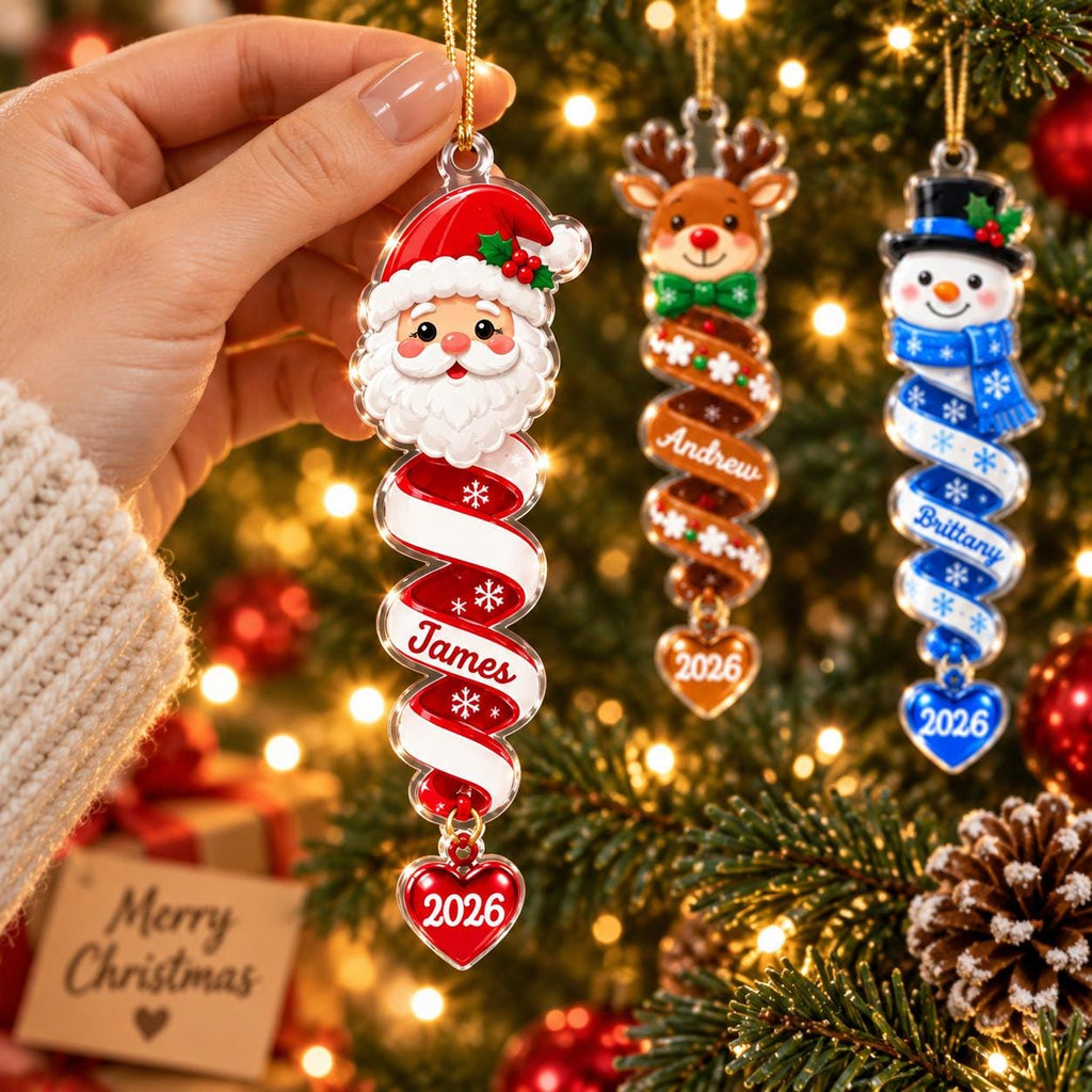 Hand holding the Santa spiral name ornament