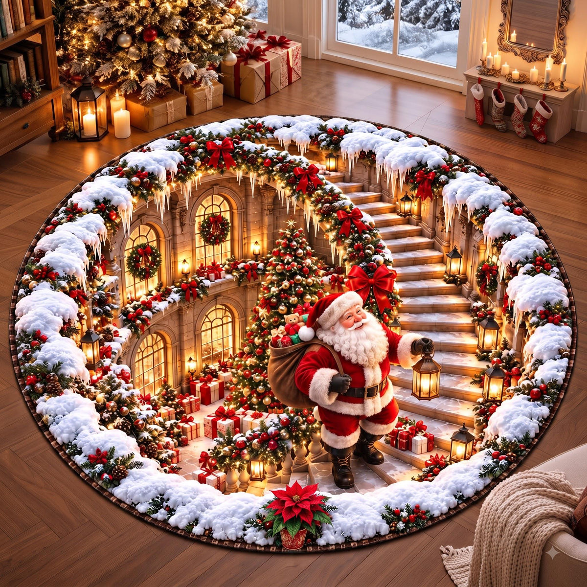 Santa staircase 3D Christmas round quilted rug in a living room with a lit tree