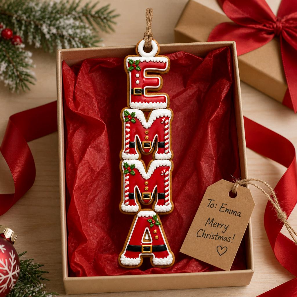 Santa suit letter name wooden ornament in a red gift box with a gift tag