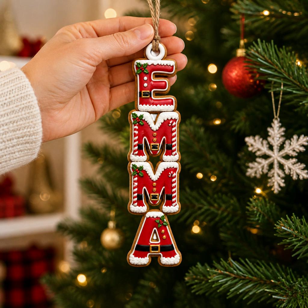 Hand holding a personalized Santa suit letter name ornament by a Christmas tree