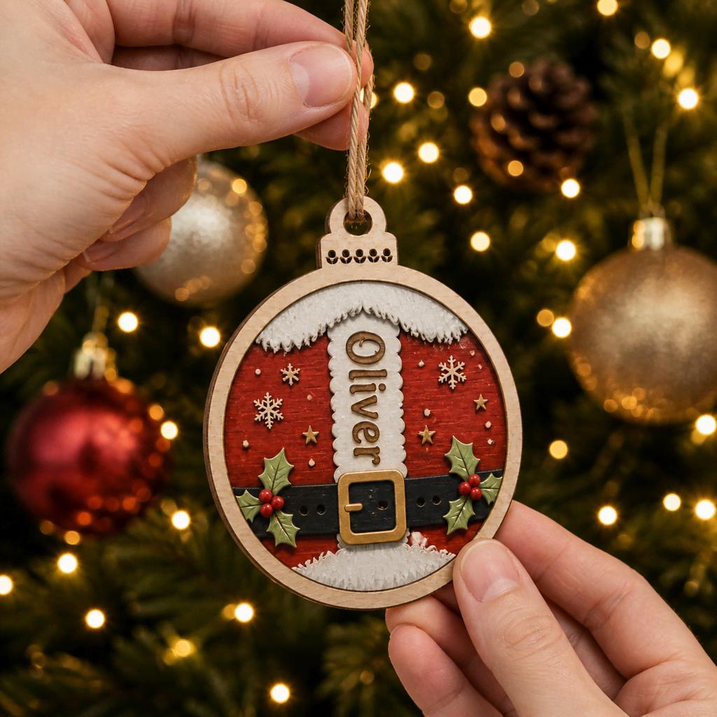Hand holding personalized Santa suit belt round wooden ornament with name by tree