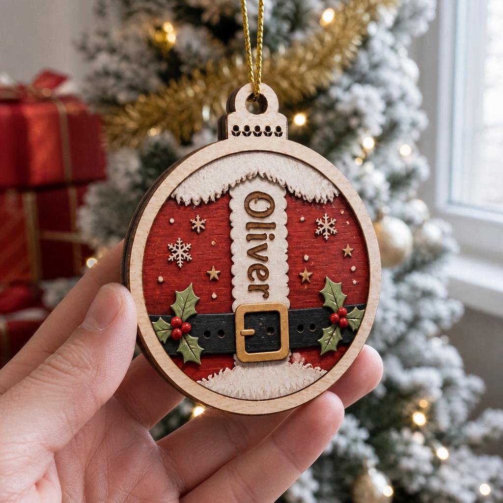 Santa suit buckle name ornament held in front of a frosted Christmas tree