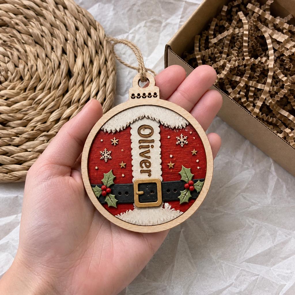 Santa suit name wooden ornament held in hand next to a gift box