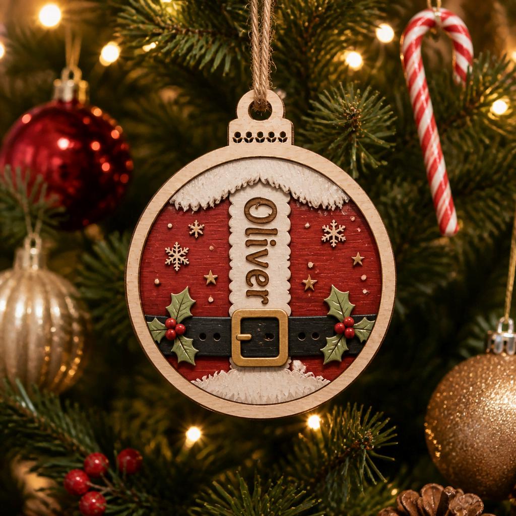 Personalized Santa suit wooden ornament hanging on a Christmas tree with candy cane
