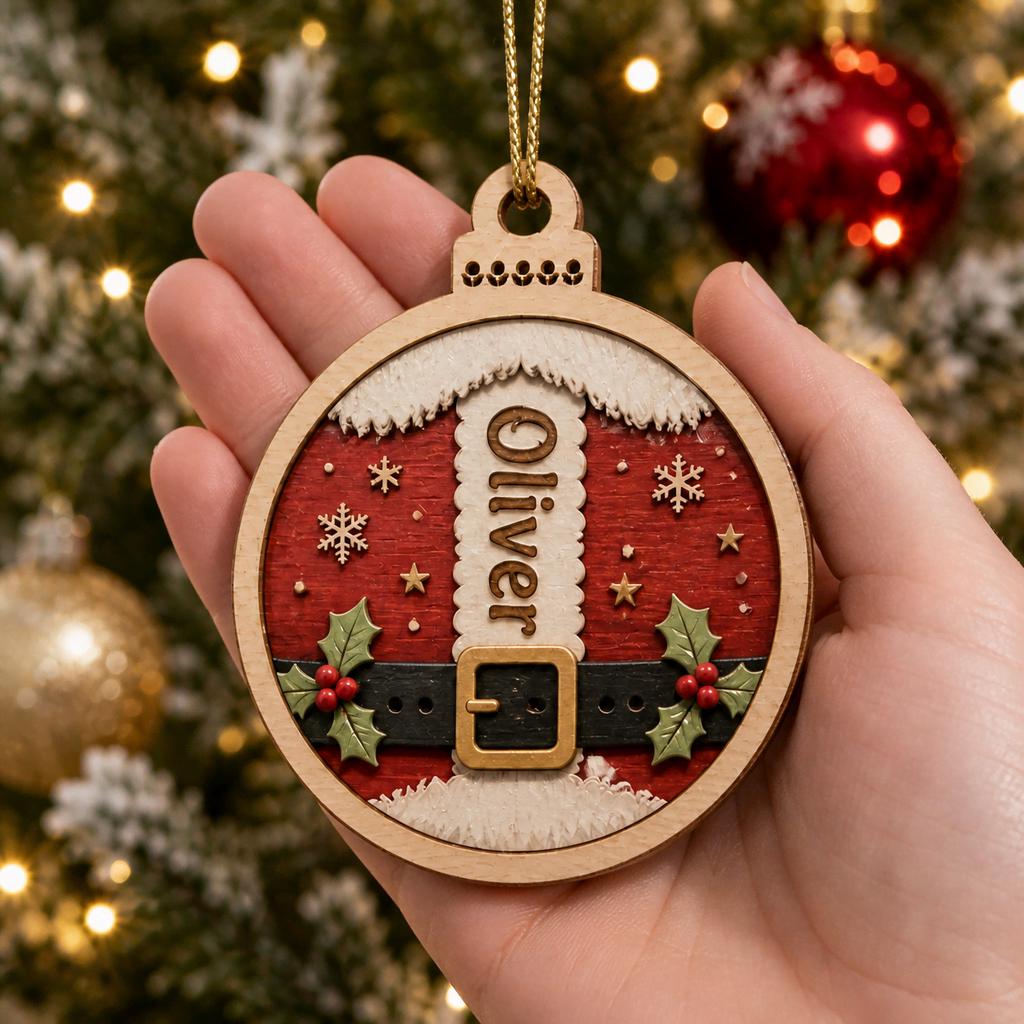 Close-up of personalized Santa suit belt ornament with custom name in palm