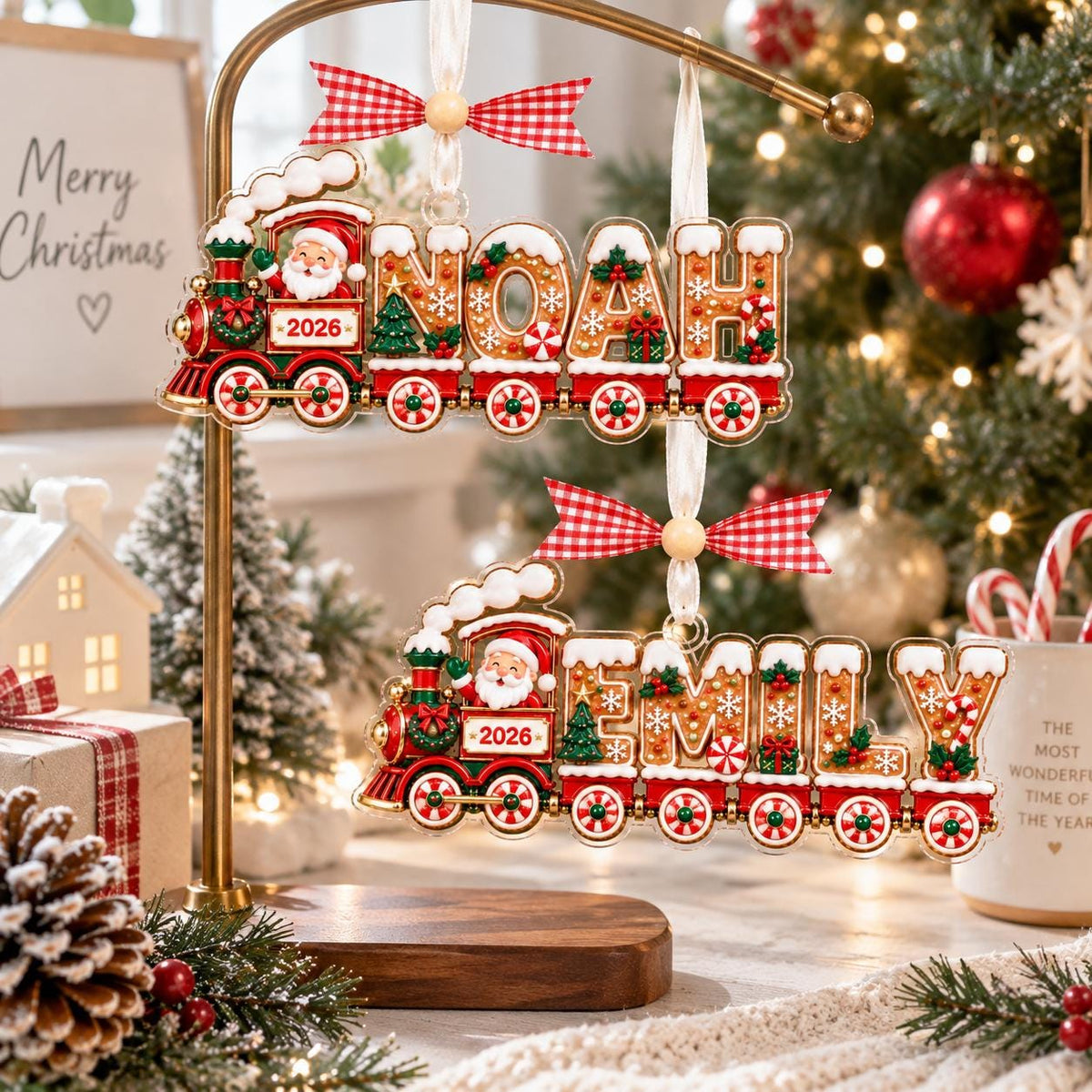 Noah and Emily gingerbread train ornaments on a stand