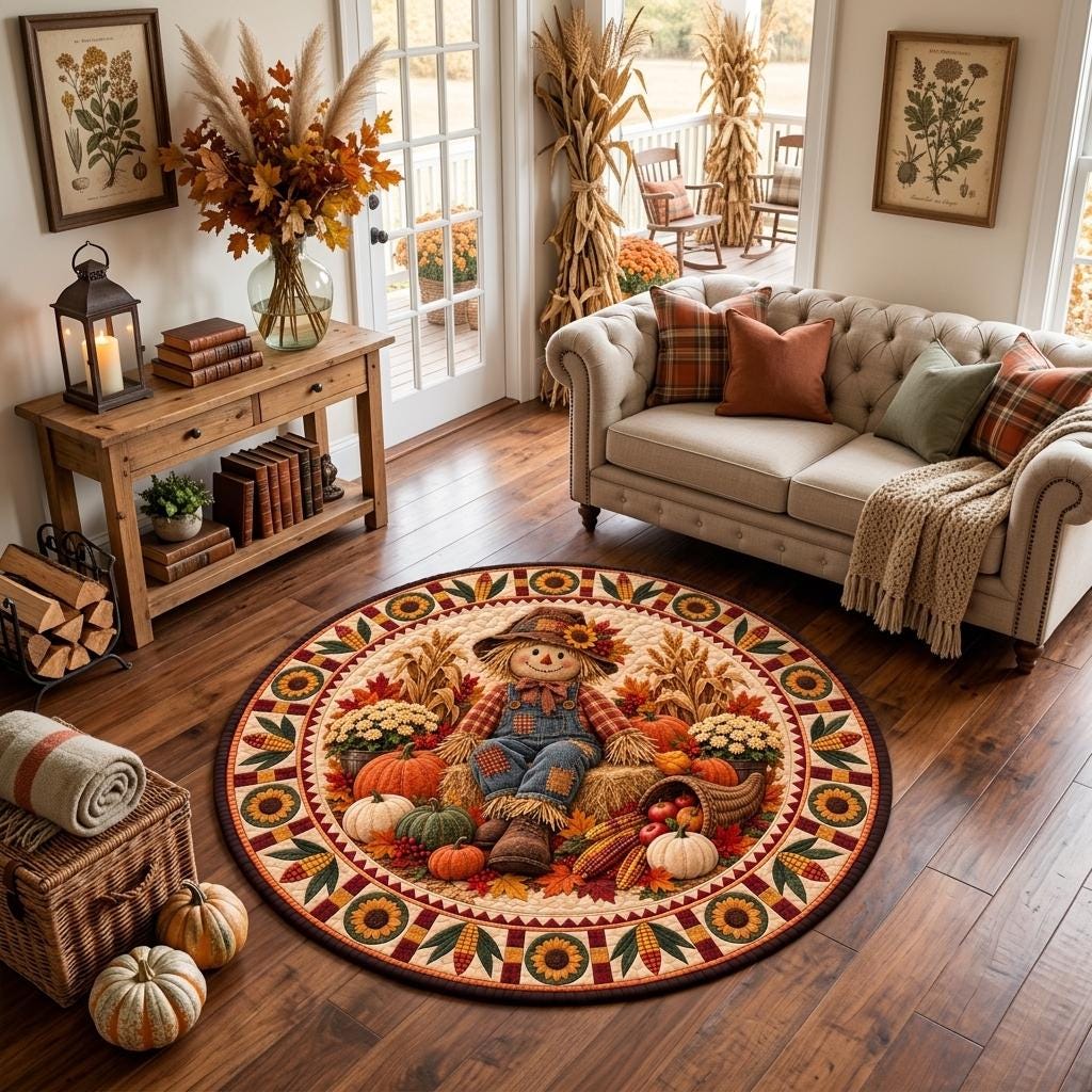 Scarecrow fall farmhouse rug near a tufted sofa, console table, dried wheat and white pumpkins