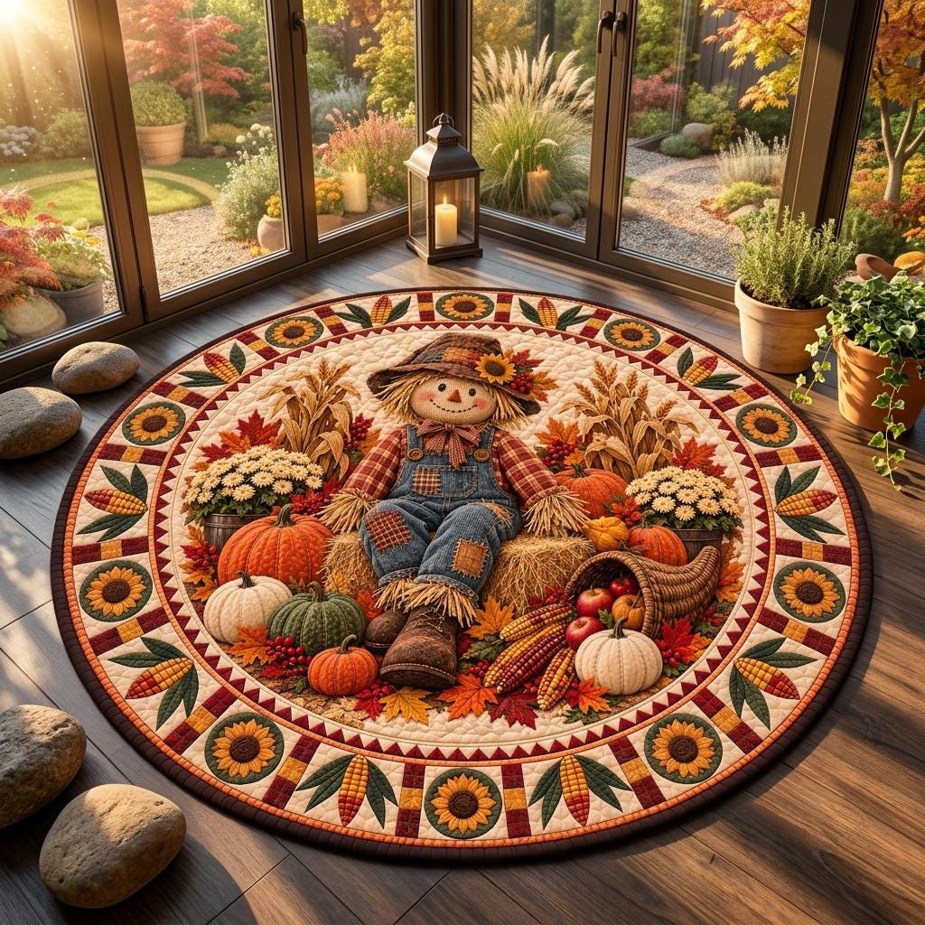 Scarecrow harvest round rug in a sunroom with glass doors, potted plants, a lantern and autumn garden view