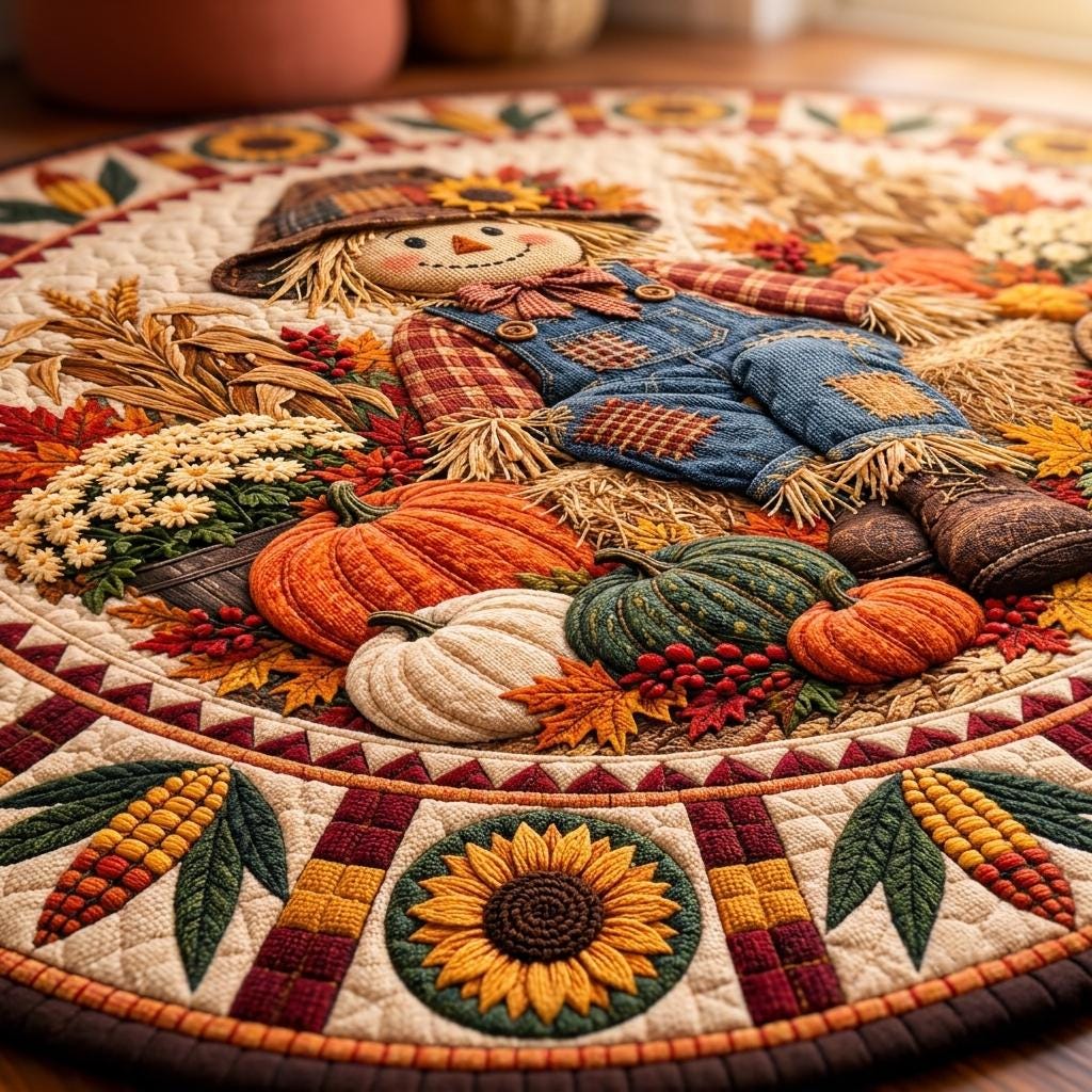 Close-up of the scarecrow in denim overalls with pumpkins, mums and a sunflower border on the quilted rug