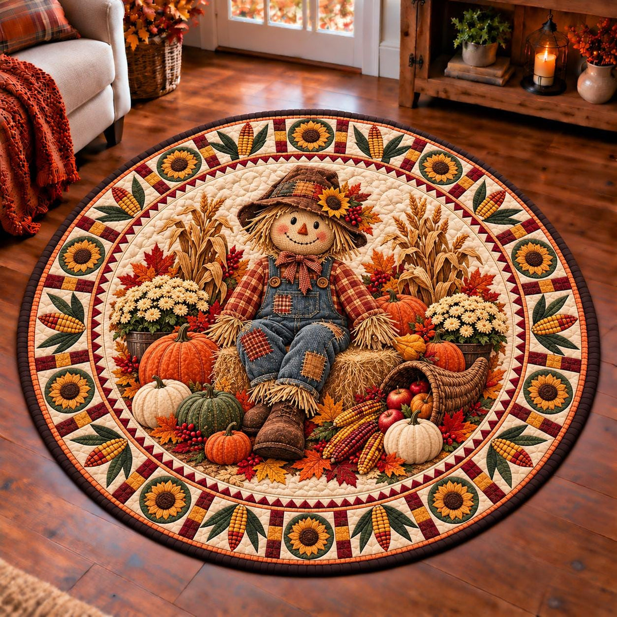 Scarecrow fall round quilted rug with pumpkins and sunflowers on a wood floor beside a sofa and fall wreath