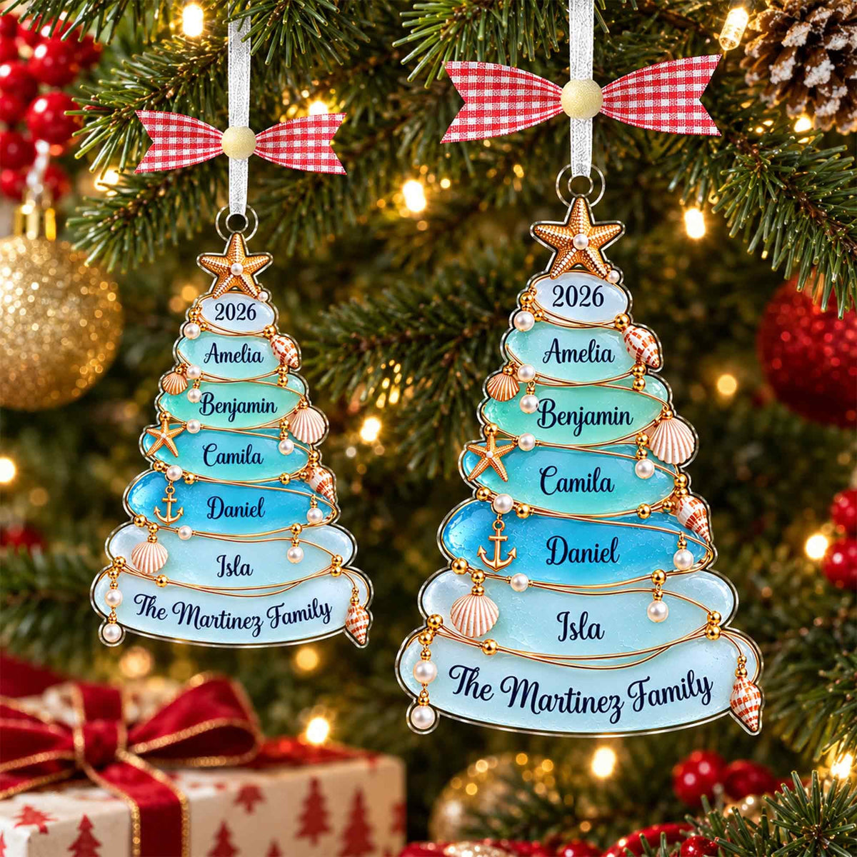 Two sea glass tree ornaments with The Martinez Family
