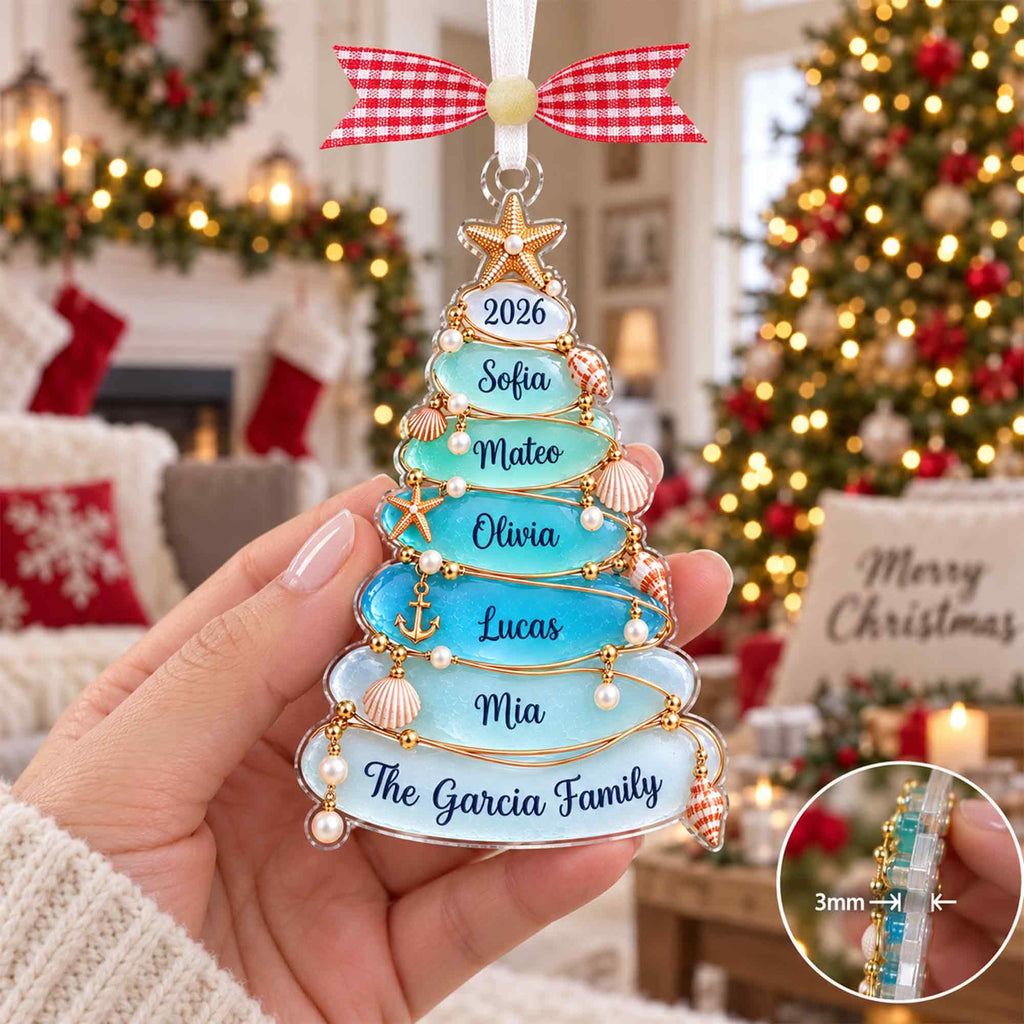 Sea glass family tree ornament with The Garcia Family held in a hand